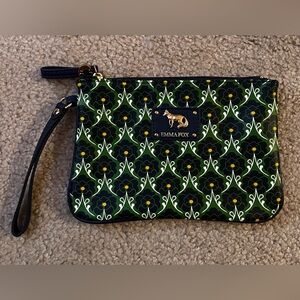 Emma Fox Logo Wristlet Clutch Bag Floral Navy Blue Green Zip w/ Pocket EUC!